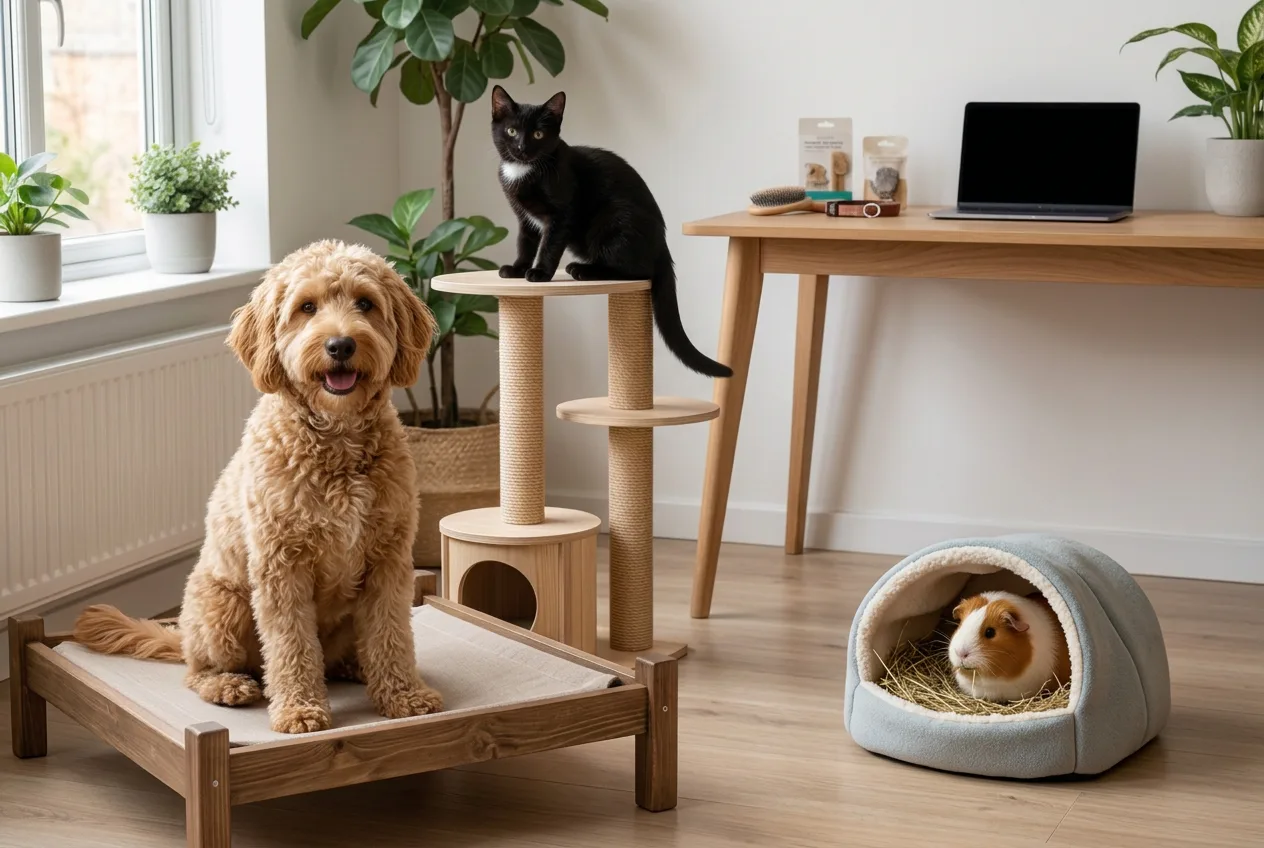 Labradoodle op een houten hondenbed, zwarte kat op een krabpaal en een cavia in een knuffelgrot in een lichte woonkamer